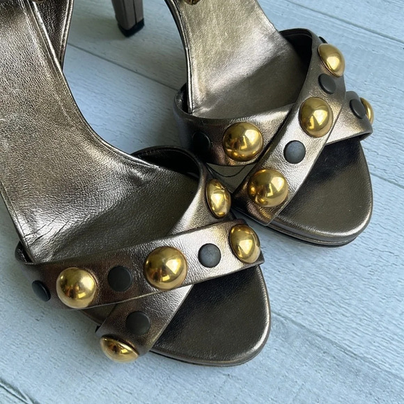 Gucci Metallic Leather Studded High Heel Sandals Size 5 - Picture 3 of 9